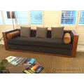 Grey Fabric Low Back Sofa Couch with Walnut Accent Trim